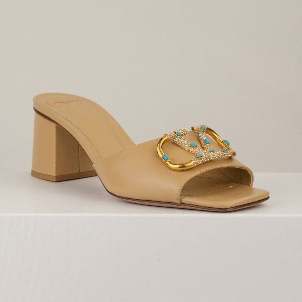 Valentino Crystal-Embellished VLogo Signature Leather Slides, Cappuccino,EU 40.5